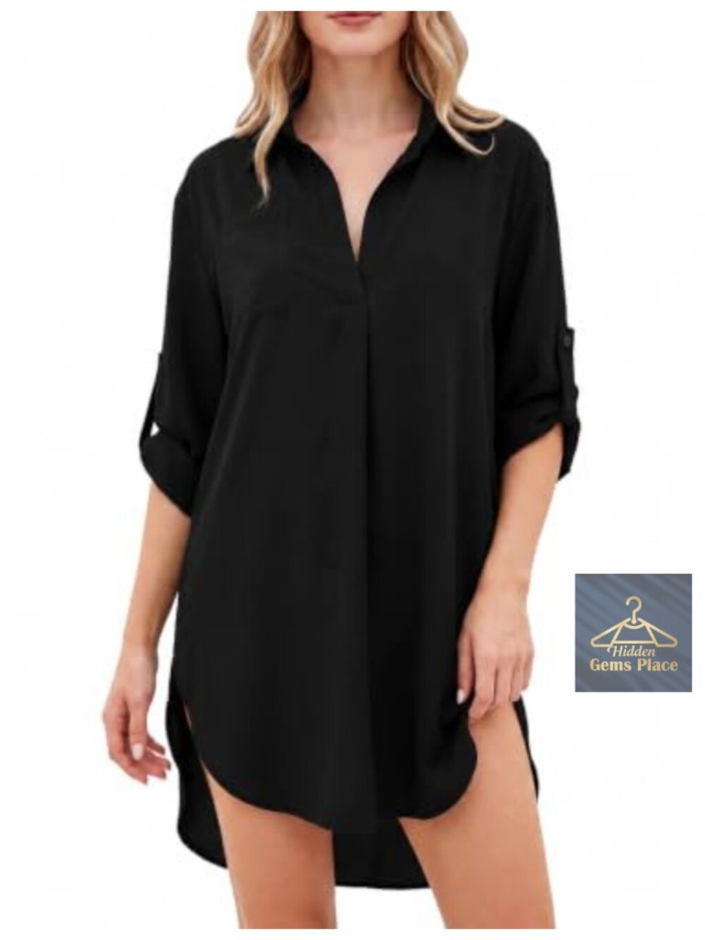 Polyester Swim Cover Up Dress Button Down 3/4 Sleeve Asymmetrical Hem